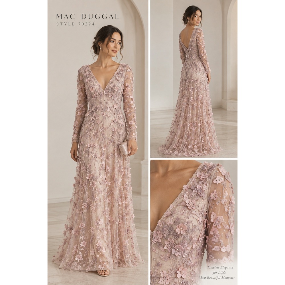 Mac Duggal Gown 8 Rose Pink Floral Embroidered Long Sleeve Formal Wedding Guest